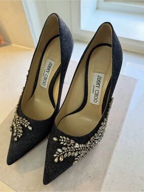 Jimmy Choo Love 100 Indigo Denim Crystal Embellished Pumps (Size 36.5)